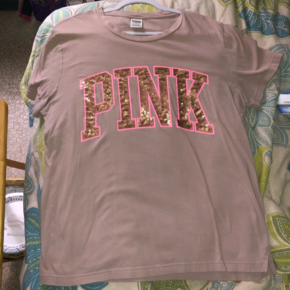 size L: VS PINK tan sequin campus tee!